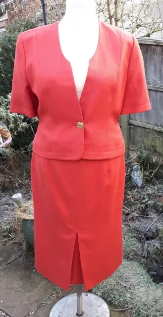 Vintage 80s Designer Jacques Vert coral orange wool short jacket & skirt UK 16