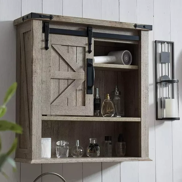 Rustic Wood Wall Shelf Storage Medicine Cabinet Sliding Barn Door Cupboard