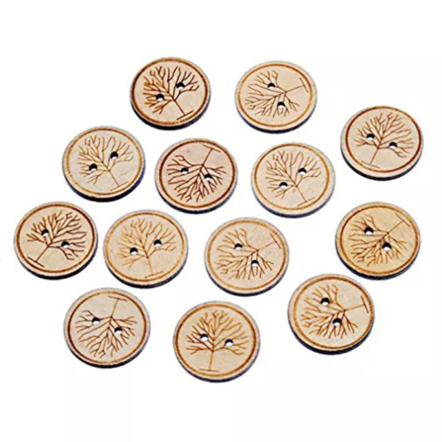 Pack 50 Wooden Natural Color Life Tree Printed 2 Holes Wooden Buttons
