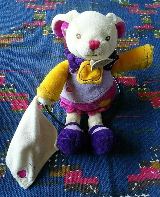 Np / Peluche Doudou  Baby Nat Lapin Mouchoir Violet Rose Ecru Coeur Jaune Tbe