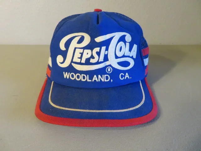 Vintage Pepsi Cola Woodland, CA.  3 Three Stripe Trucker Snapback Hat