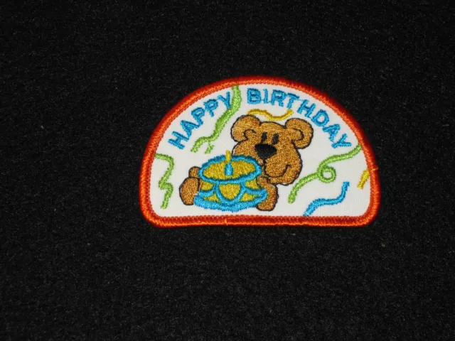 Girls Scouts Happy Birthday Bear Holding Cake Patch 2" x 3" NEW Half Moon Shape