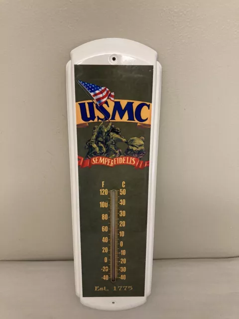 USMC Vintage Metal Enamel Thermometer Semper Fidelis 17” x 5”