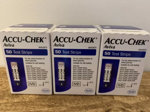 Accu-Chek Aviva Blood Glucose Test Strips- 3 Boxes Of 50 Strips (150)