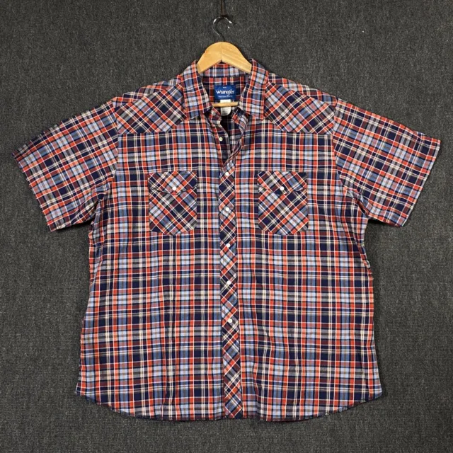 Wrangler Mens Size 2XL Pearl Snap Western Shirt Short Sleeve Blue Red Check