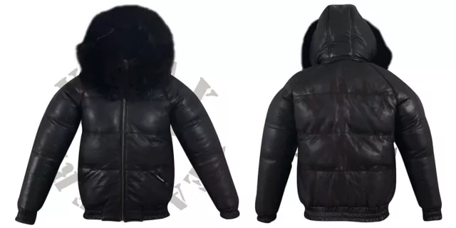Men's Puffer Bomber Sheepskin Leather Jacket Removable Raccoon Fur Collar & Hood
