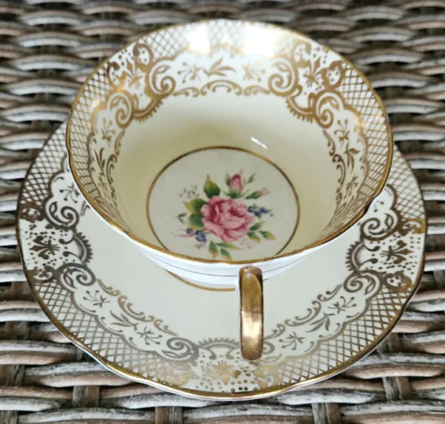 Aynsley Heavy Gold Pink Cabbage Rose Center Teacup And Saucer Set Antique 3