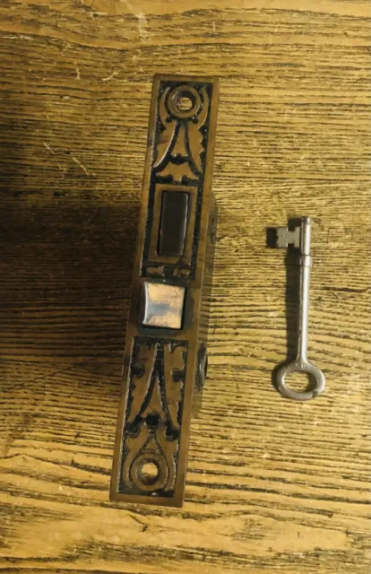 Antique Fancy Brass Plated Cast Steel Door Mortise Lock & Key, c1890
