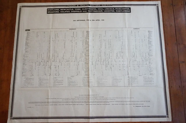 1938 LNER RAILWAY Train Timetable Quad Poster Manchester Lincoln Hull ...