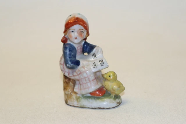 Vintage Occupied Japan Hand Painted Girl Reading Book with Duck Ceramic Figurine