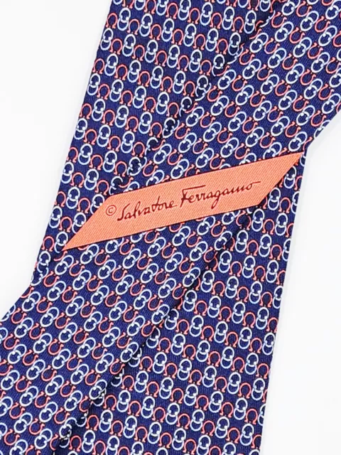 Salvatore Ferragamo Tie Gancini Print Silk Blue Necktie Width 3 3/8"