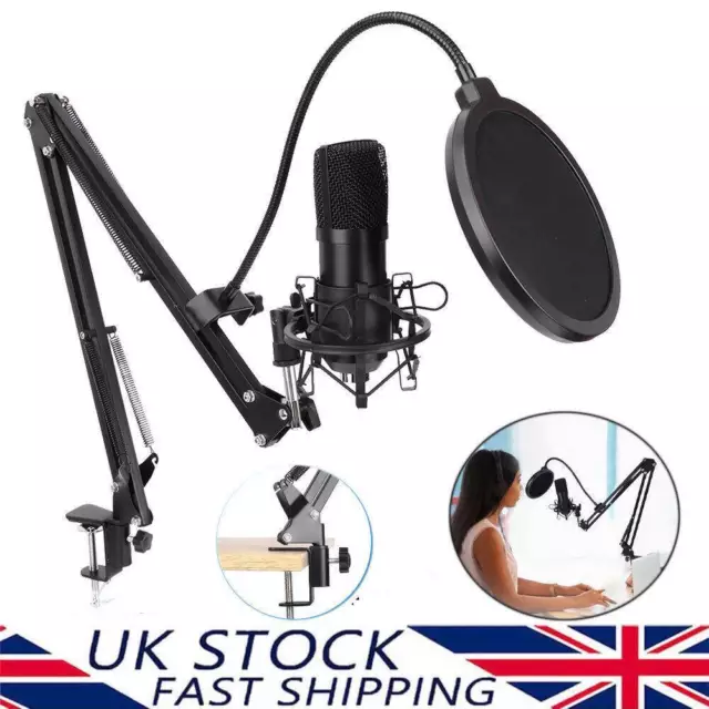 USB Streaming Podcast PC Microphone Studio Cardioid Condenser Live Mic Kit UK