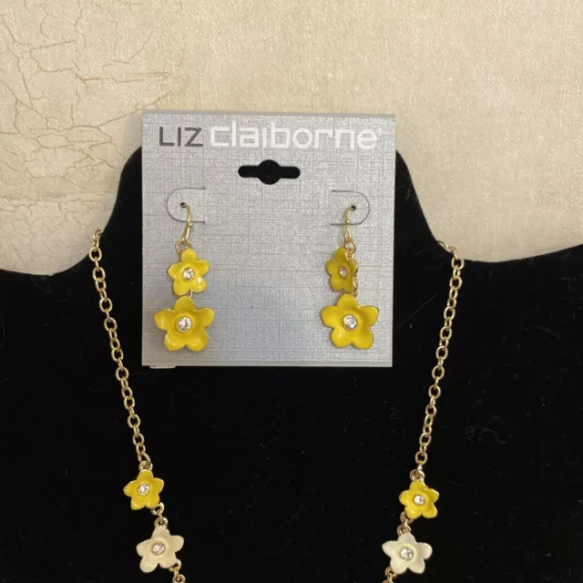 Liz Claiborne Necklace Earrings Set LC Flower Gold Tone Yellow Pastel New 2