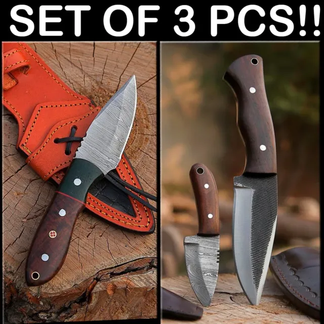 Set Of 3 Pcs Handmade Damascus & Carbon File Steel Blade Skinning Hunting Knives
