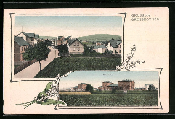 AK Grossbothen, Blick zum Bahnhof, Straßenpartie