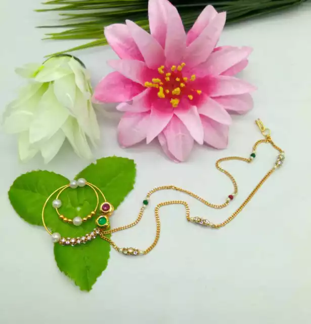 Indiano Bollywood Sposa Gioielli Oro Naso Anello Nozze Placcato Nath Polki Chain