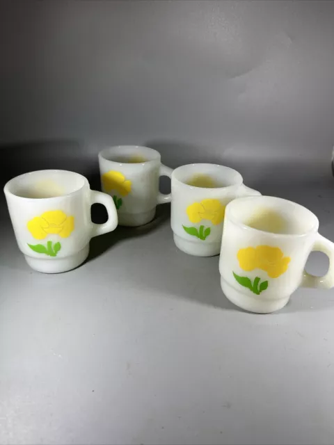 4 Vintage Fire King Stacking Mugs Coffee Cups Yellow Poppy Flower USA