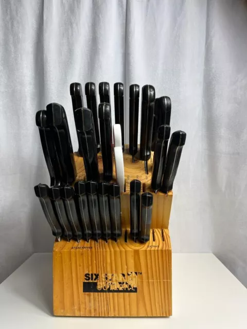 Ronco SIX STAR Cutlery SET Knife Block Solid Wood Labeled Slot Honey Oak 