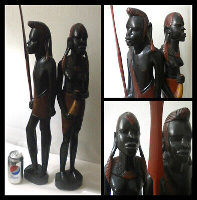 Antique African Ebony Carved/Painted Tribal Warrior Couple Figurines Sculptures
