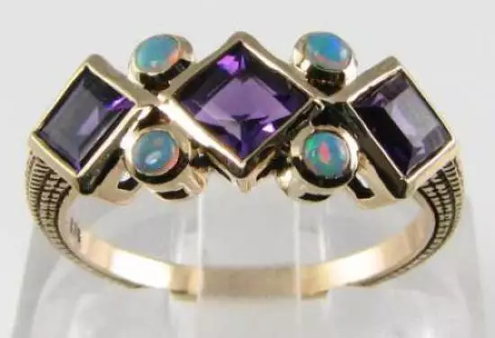 Large 9Ct 9K Gold Amethyst & Aus Opal Art Deco Ins Trilogy Ring Free Resize