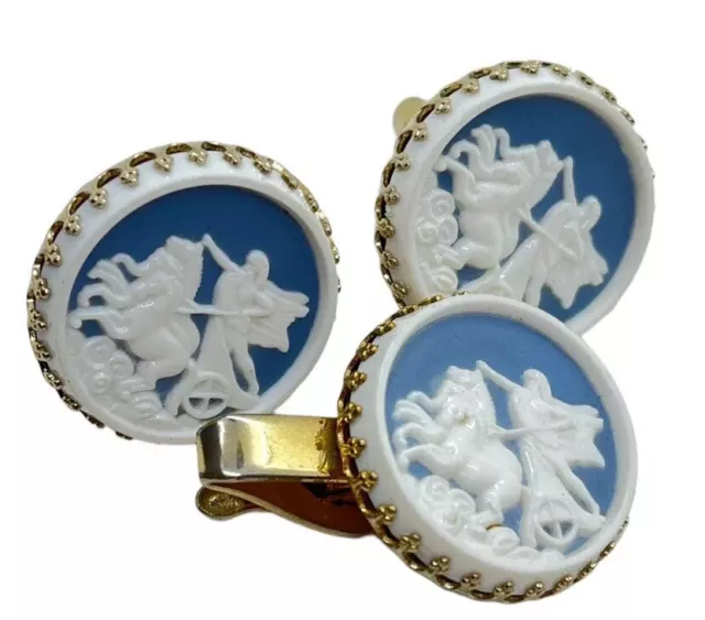 Roman Chariot Cameo Cufflinks & Tie Bar Wedgewood Look Gold Tone Men Vintage Set