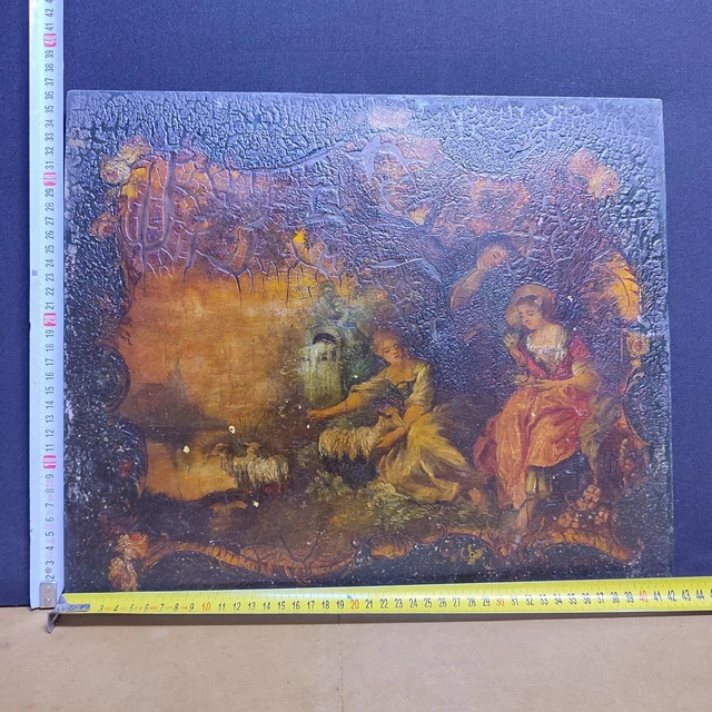 Tableau ancien, Petite huile sur panneau, Paysage animé, Peinture, Début XXe
