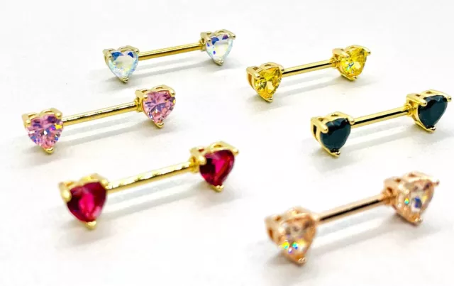 Gold Nipple Bar  Heart Barbell Crystal Gem Round Prong Setting Surgical Steel