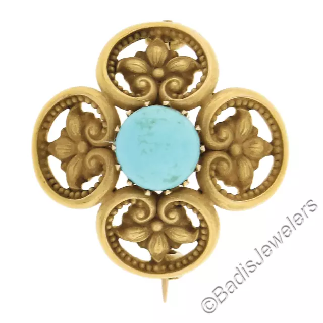 Ancien Art Nouveau 14k or Jaune 8mm Turquoise Détaillé Fleur Broche