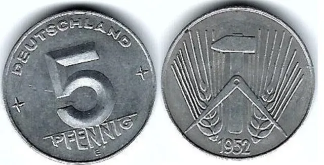 Münze DDR 5 Pfennig 1952 E KM# 6, Schön# 6, J.1506 SEHR SELTEN