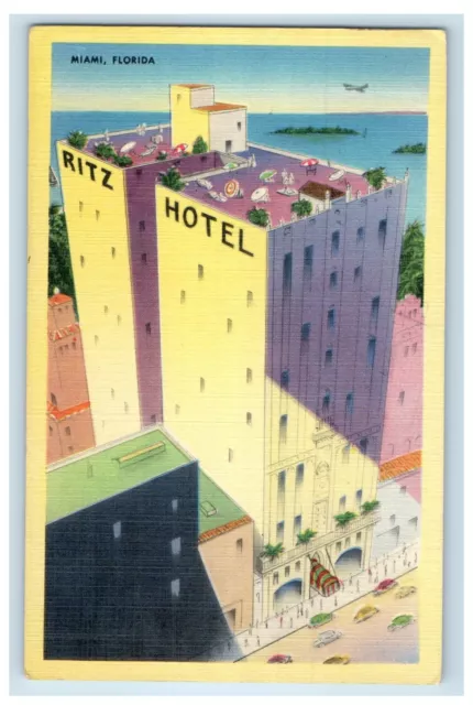 c1950's Ritz Hotel Building Cars Street View Miami Florida FL Vintage Postcard