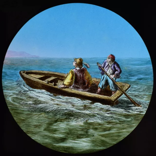 ANTIQUE Magic Lantern Slide PILGRIMS PROGRESS NO99 C1890 DRAWING MEN IN BOAT