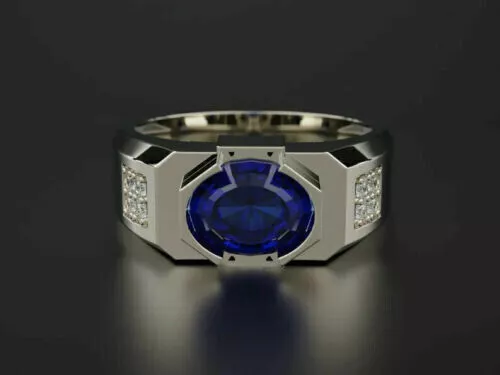 2.14Ct Simulated Sapphire Men's Engagement Bold & Brilliant Ring 14K White Gold