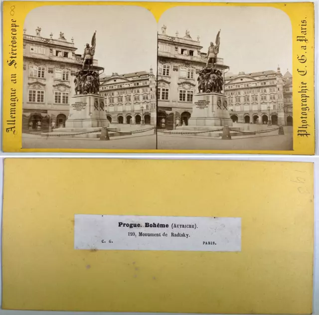 Prague, Monument à Radetzky, Vintage albumen print, ca.1870, Stéréo Tirage vinta