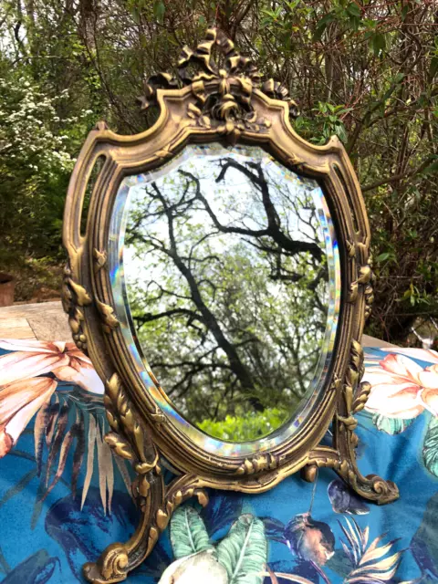 Ancien Miroir De Table Psyché Bronze Doré Miroir Biseauté Au Mercure