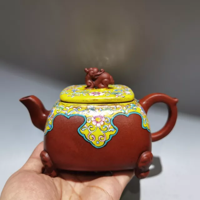 6.7″ Yixing Zisha purple Clay pot carved painting flower Kung Fu Health Teapot