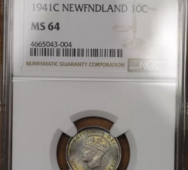 Canada Newfoundland 1941-C Silver 10 Cents Coin NGC MS-64 Toned King George VI 3