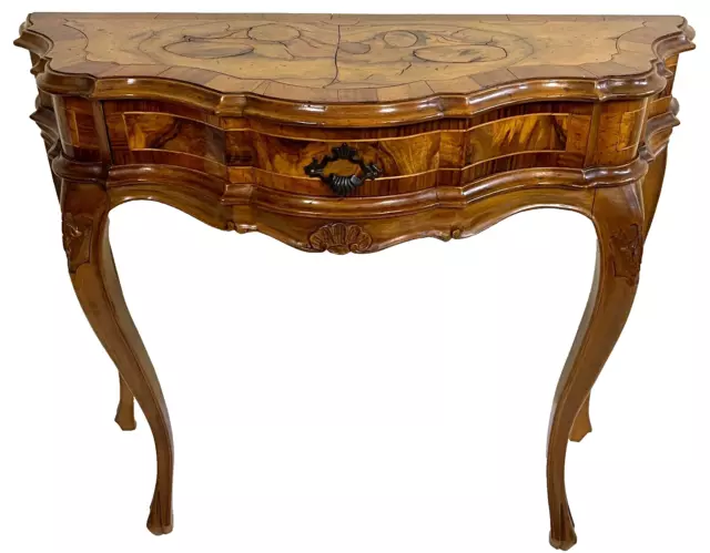 Mid-Century Italian Louis XV Walnut Marquetry Demilune Console Table