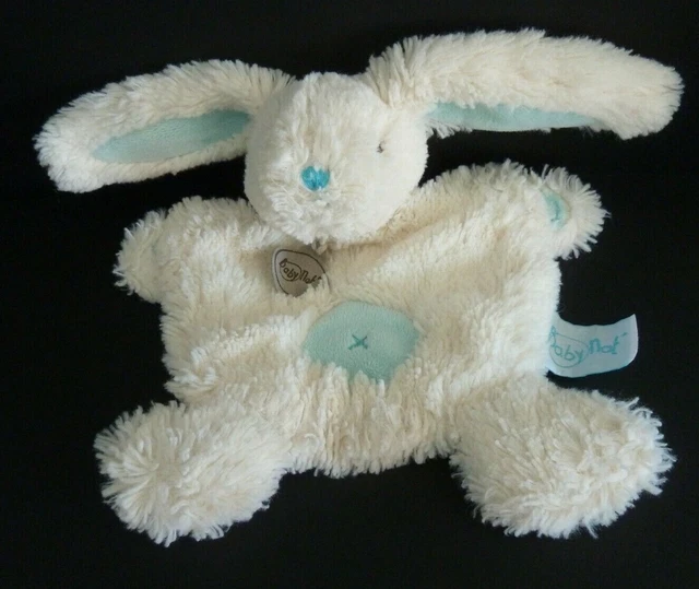 36. DOUDOU PLAT BABY NAT LAPIN CALINS BLANC BLEU CROIX ROND 19cm+oreille TBE