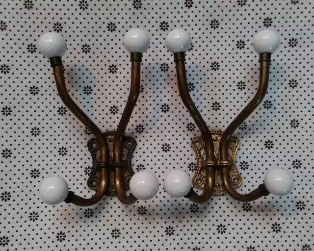 2 Vintage Ceramic & Brass Coat Hanger Wall Towel Hook Twist Metal White Ball