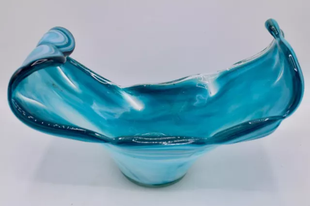 Large Mid-20th Century Turquoise Blue Art Glass Centerpiece / Vase / Bowl 3