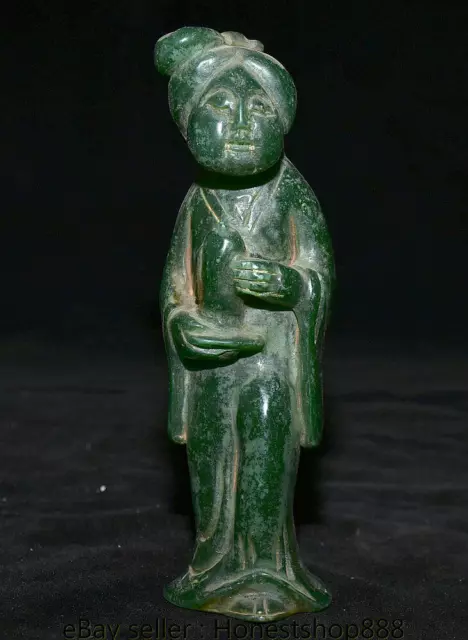 7" Old Chinese Green Jade Carved Dynasty Woman Betweenmaid bonne Figure Statue