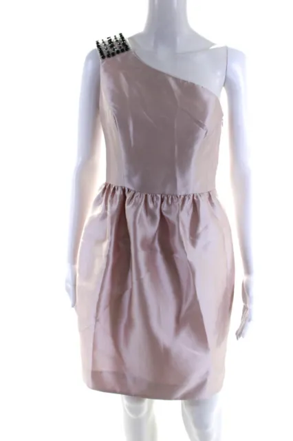 Shoshanna Womens Beaded One Shoulder Satin Taffeta Mini Dress Light Pink Size 2