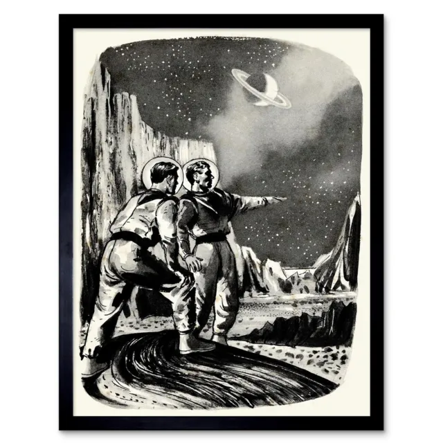 Space Painting Planet Astronaut Black White Stars 12X16 Inch Framed Art Print