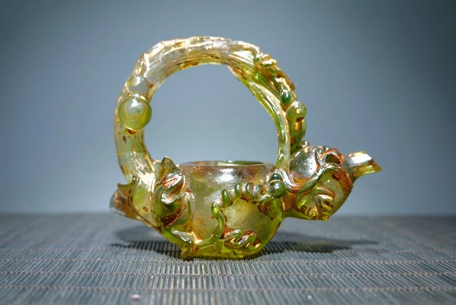 Chinese Old Beijing Glaze Gilded Carved Nice Gourd Teapot Statue Collectibles