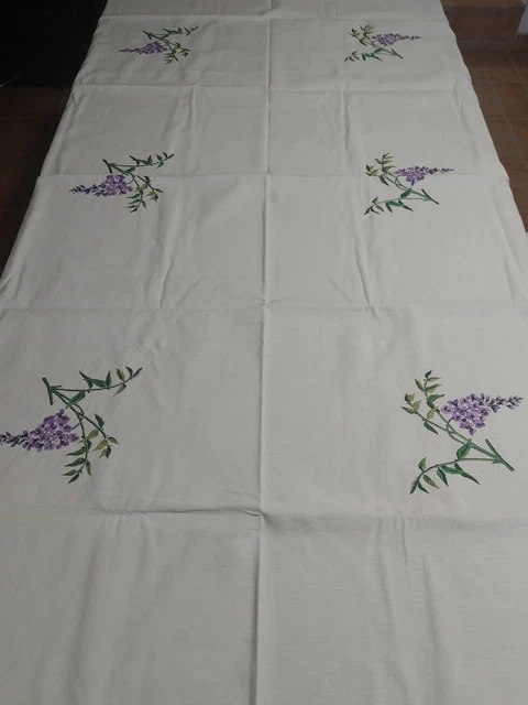 Nappe Rectangulaire Vintage En Coton Brodé Motif Fleurs Des Champs - Blanc