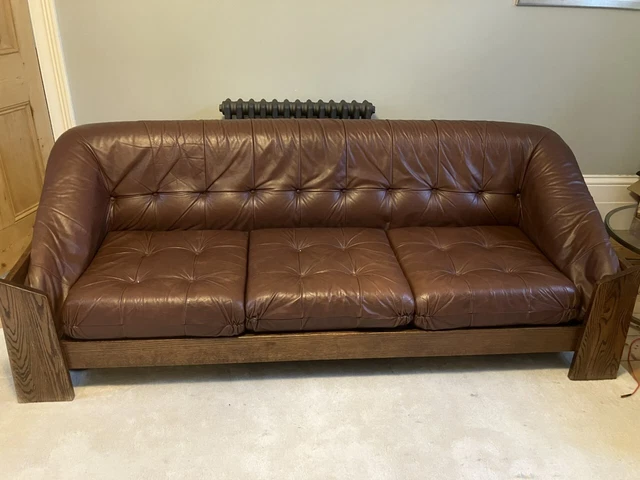VINTAGE MID CENTURY 1960's DANISH REUPHOLSTERED BROWN LEATHER OAK SOFA