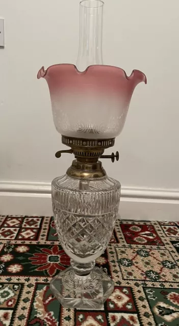 Antique Double Burner Oil Lamp With Pink Shade Glass Crystal Cut Body