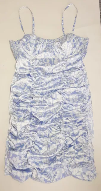 Abito estivo nuovo con etichette River Island Retro Romance UK 6 arricciati blu bianco buco della serratura posteriore