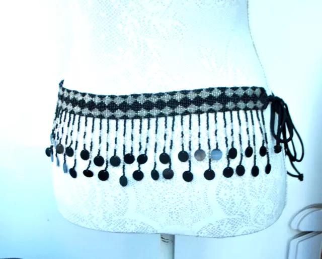 shimmy belly dance belt festival hippy boho beaded sequins black silver size S M