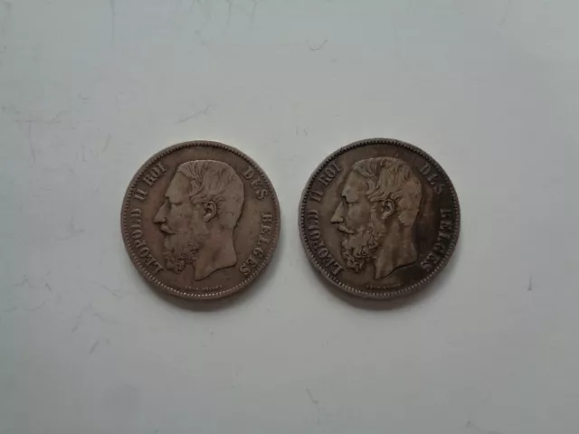 2 St. alte Münzen, 5 F. aus Belgien, von 1868/1873, Originale, aus Silber 900